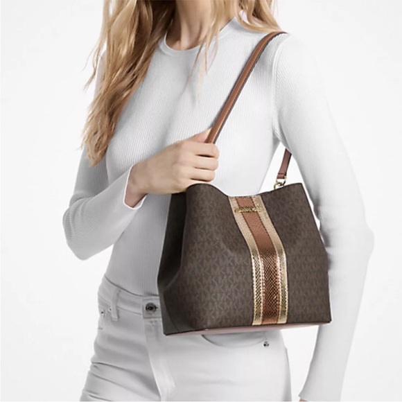 Michael Kors Pratt Medium Signature Logo and Metallic Should… - Picture 1 of 10